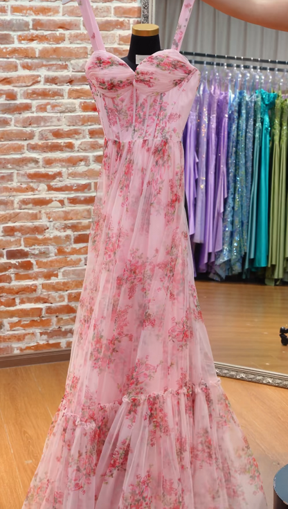 Robe de bal rose à fleurs tendance, robe de soirée longue en mousseline de coupe trapèze ED12151
