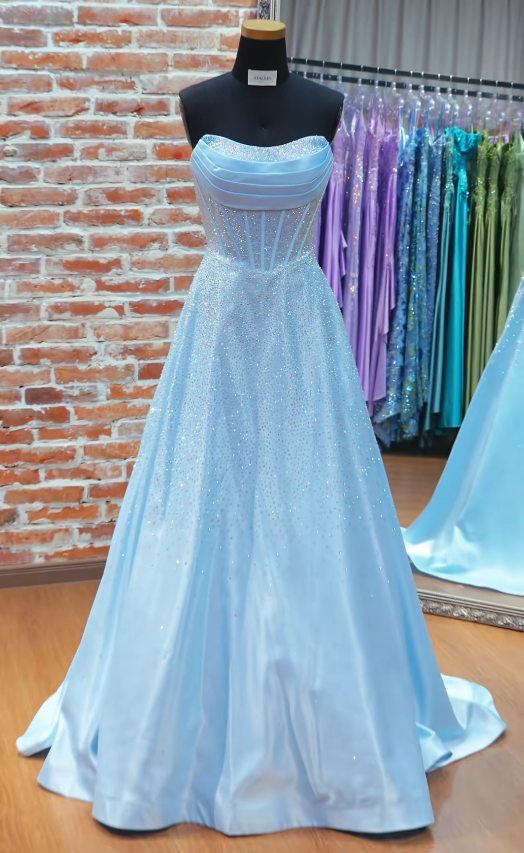 Robe de soirée longue chic bleue en satin, coupe trapèze, ED12152
