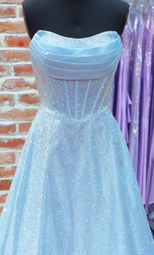 Robe de soirée longue chic bleue en satin, coupe trapèze, ED12152
