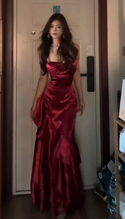 Robe de bal chic bordeaux, robe de soirée longue fourreau en satin ED12154