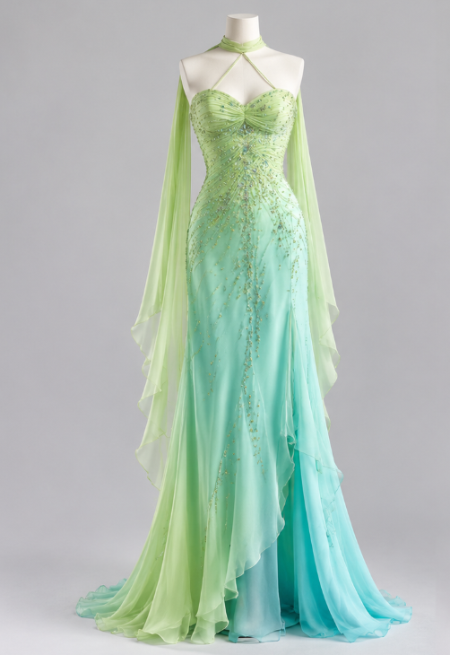 Robe de bal chic verte, robe de soirée longue fourreau en mousseline ornée de perles ED12157