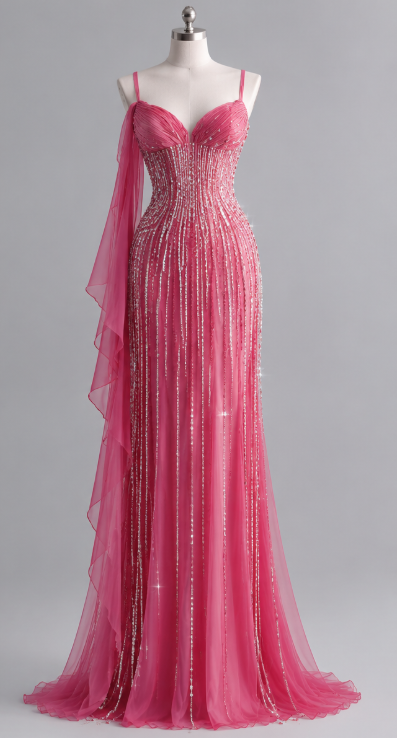 Schickes knallpinkes, figurbetontes, langes Abendkleid aus Chiffon mit Perlenbesatz ED12158
