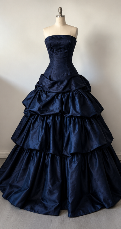 Robe de bal chic bleu marine, robe de soirée longue en satin coupe trapèze ED12160