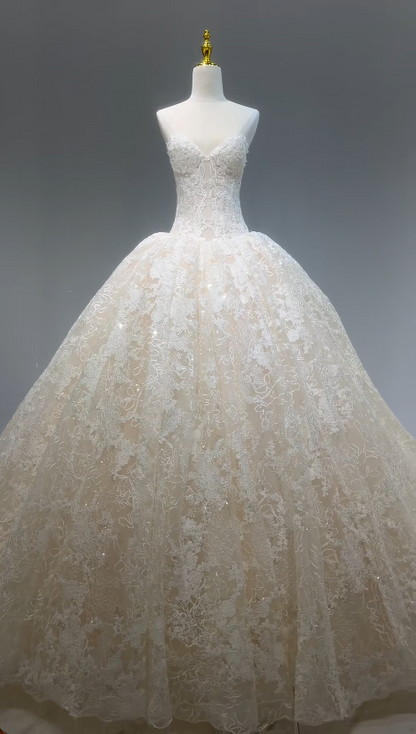 Robe de mariée blanche intemporelle de coupe trapèze en dentelle perlée ED12172