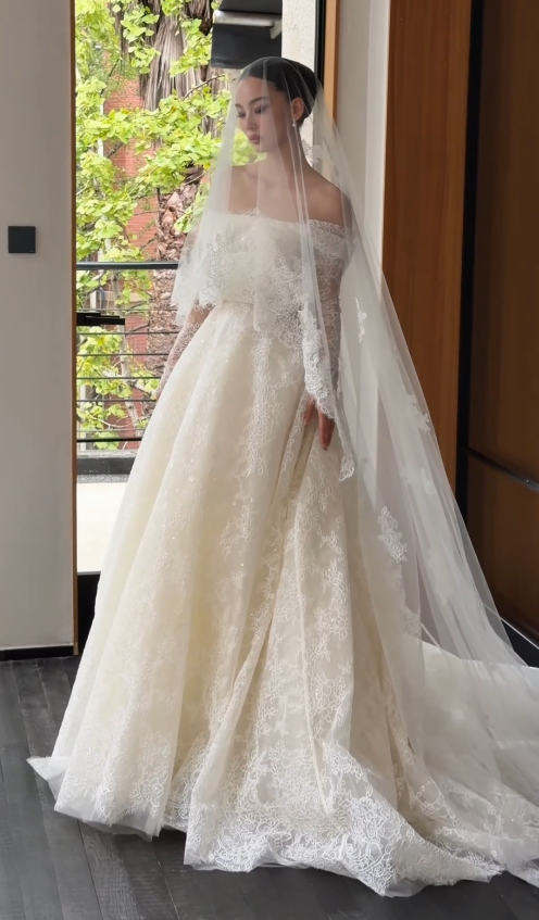 Robe de mariée intemporelle en dentelle, coupe trapèze, épaules dénudées, blanche ED12173