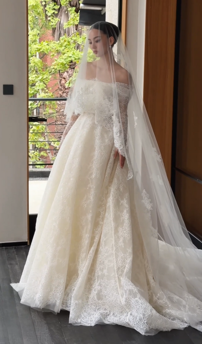 Robe de mariée intemporelle en dentelle, coupe trapèze, épaules dénudées, blanche ED12173