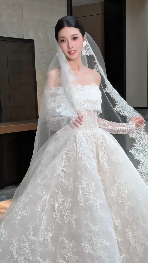 Robe de mariée blanche intemporelle de coupe trapèze en dentelle perlée ED12176