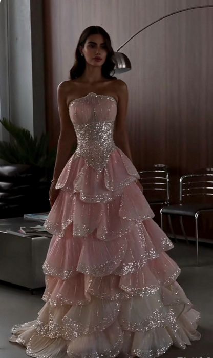 Jolie robe de bal rose, coupe trapèze, en tulle à sequins, robe de soirée longue ED12179