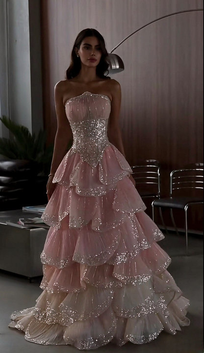 Jolie robe de bal rose, coupe trapèze, en tulle à sequins, robe de soirée longue ED12179