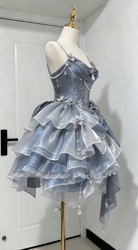 Jolie robe de bal courte bleue, coupe trapèze en mousseline, robe de fête d’anniversaire ED12183