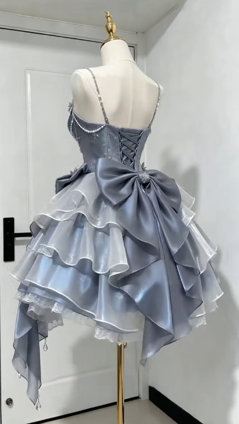 Jolie robe de bal courte bleue, coupe trapèze en mousseline, robe de fête d’anniversaire ED12183