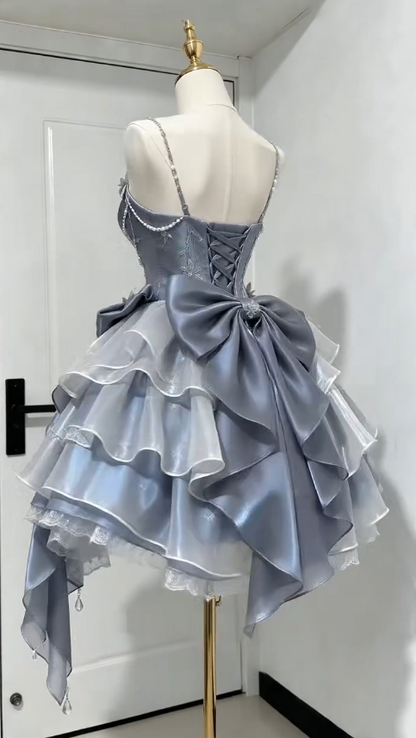 Jolie robe de bal courte bleue, coupe trapèze en mousseline, robe de fête d’anniversaire ED12183