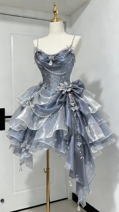 Jolie robe de bal courte bleue, coupe trapèze en mousseline, robe de fête d’anniversaire ED12183