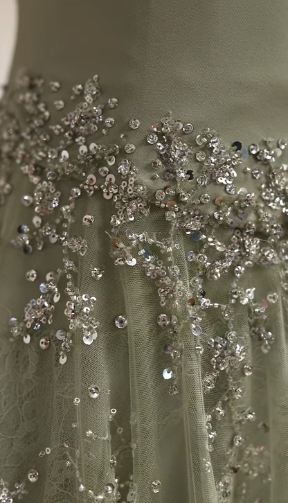 Niedliches, salbeifarbenes A-Linien-Ballkleid aus Chiffon mit Pailletten, langes Abendkleid ED12188