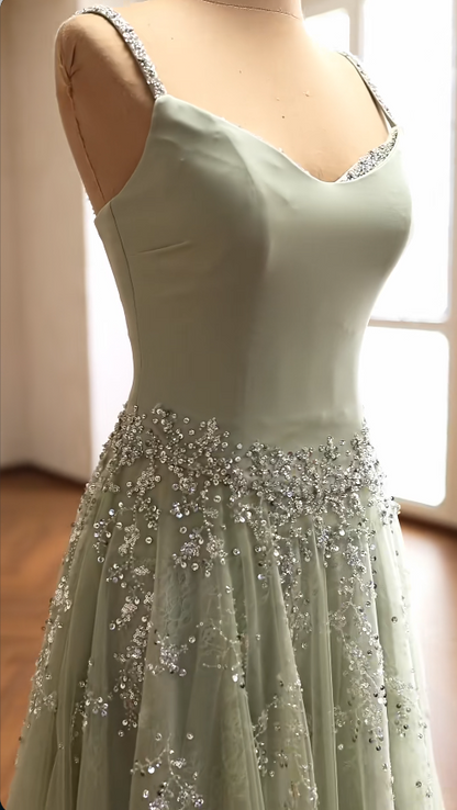 Niedliches, salbeifarbenes A-Linien-Ballkleid aus Chiffon mit Pailletten, langes Abendkleid ED12188