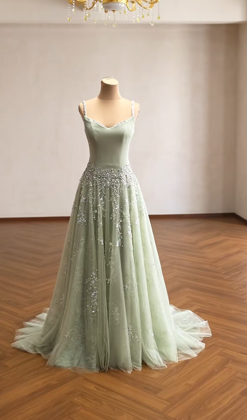 Niedliches, salbeifarbenes A-Linien-Ballkleid aus Chiffon mit Pailletten, langes Abendkleid ED12188