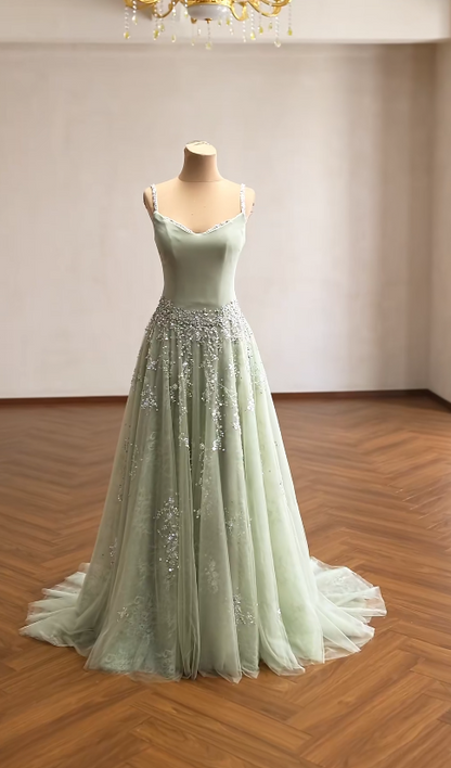 Niedliches, salbeifarbenes A-Linien-Ballkleid aus Chiffon mit Pailletten, langes Abendkleid ED12188