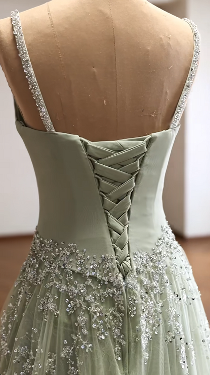 Niedliches, salbeifarbenes A-Linien-Ballkleid aus Chiffon mit Pailletten, langes Abendkleid ED12188