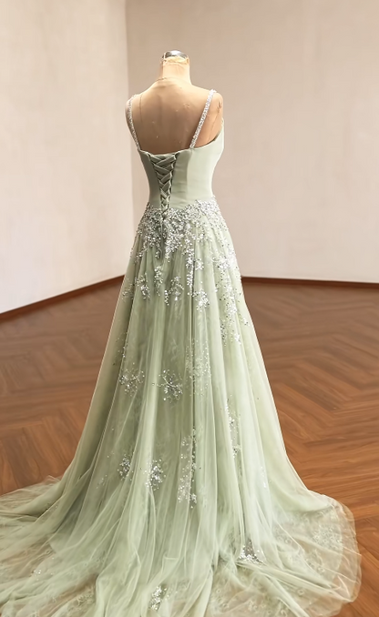 Niedliches, salbeifarbenes A-Linien-Ballkleid aus Chiffon mit Pailletten, langes Abendkleid ED12188