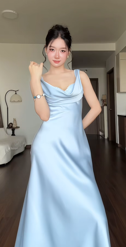 Pretty Blue Prom Dress Sheath Satin Long Evening Dress ED12189