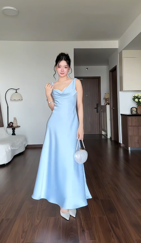 Pretty Blue Prom Dress Sheath Satin Long Evening Dress ED12189