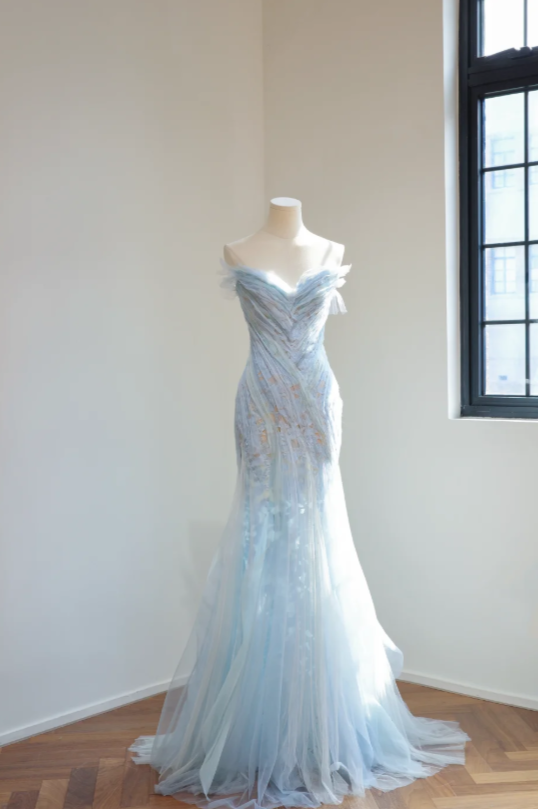 Pretty Blue Prom Dress Mermaid Tulle Long Evening Dress ED12190
