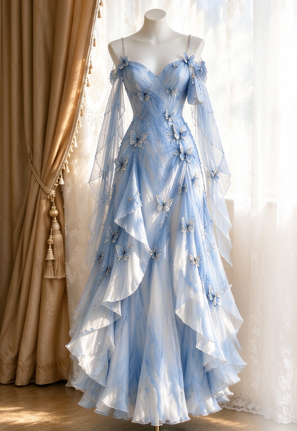 Schönes blaues Ballkleid aus Chiffon, A-Linie, langes Abendkleid ED12192