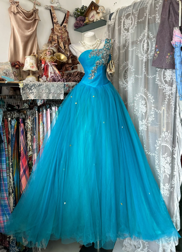 Schönes blaues, trägerloses A-Linien-Abendkleid aus Tüll, langes Ballkleid ED12193