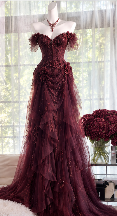 Jolie robe de bal bordeaux fourreau en mousseline perlée, robe de soirée longue ED12194