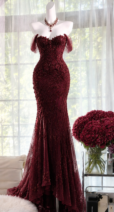 Jolie robe de bal bordeaux fourreau en tulle perlé, robe de soirée longue ED12195