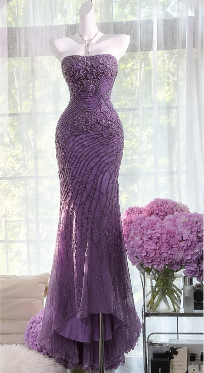 Jolie robe de bal violette, robe de soirée longue fourreau en tulle perlé ED12196