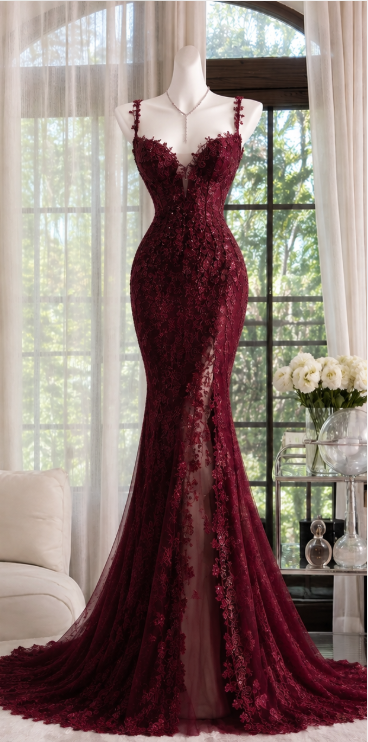 Schönes burgunderrotes, figurbetontes langes Abendkleid aus Spitze für den Abschlussball ED12199