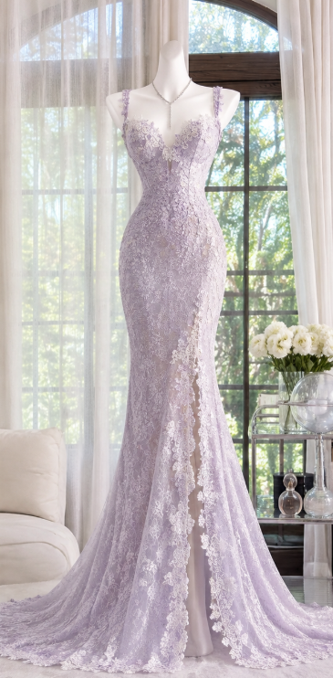 Hübsches helllila, figurbetontes, langes Abendkleid aus Spitze für den Abschlussball ED12201