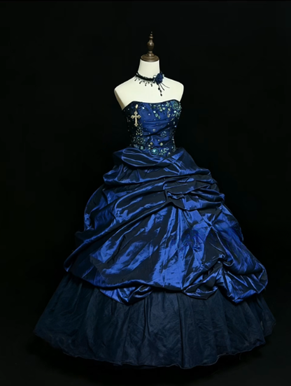 Magnifique robe de soirée en satin bleu coupe trapèze, robe de bal longue ED12212