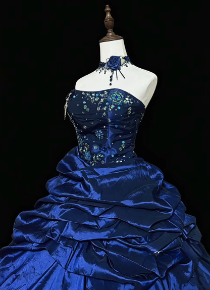 Magnifique robe de soirée en satin bleu coupe trapèze, robe de bal longue ED12212