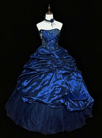 Magnifique robe de soirée en satin bleu coupe trapèze, robe de bal longue ED12212