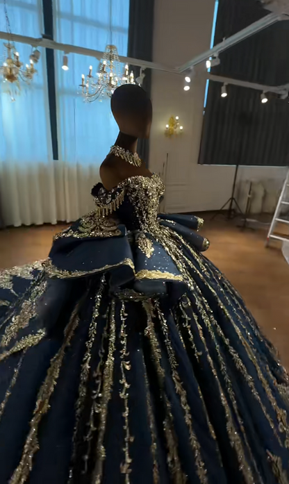 Magnifique robe de bal de quinceañera en satin brillant, robe de 16 ans longue bleu marine, ED12217