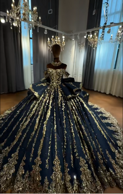 Magnifique robe de bal de quinceañera en satin brillant, robe de 16 ans longue bleu marine, ED12217
