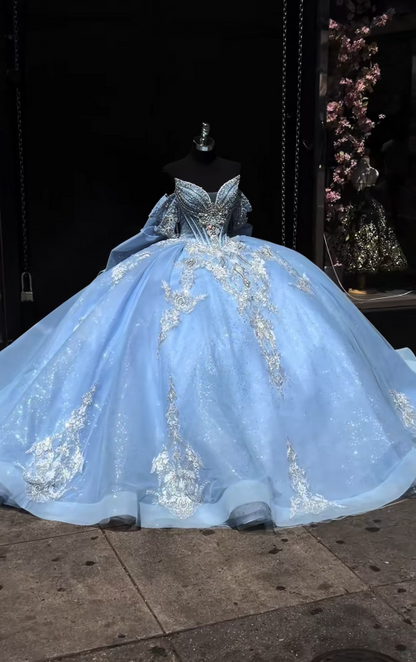 Wunderschönes Ballkleid aus Tüll, blaues Quinceañera-Kleid, langes Sweet-16-Kleid ED12219