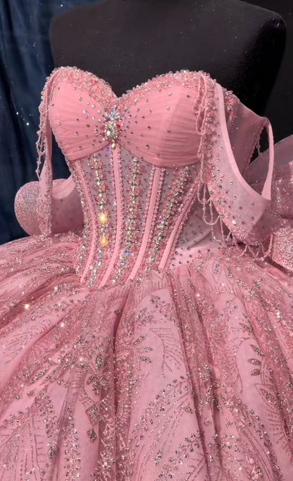 Gorgeous Ball Gown Tulle Quinceanera Dress PinkLong Sweet 16 Dress ED12220
