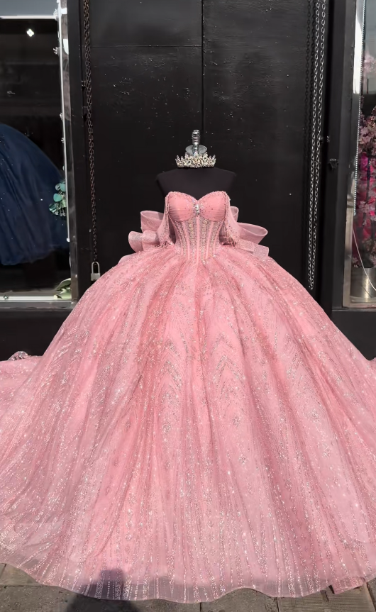 Gorgeous Ball Gown Tulle Quinceanera Dress PinkLong Sweet 16 Dress ED12220