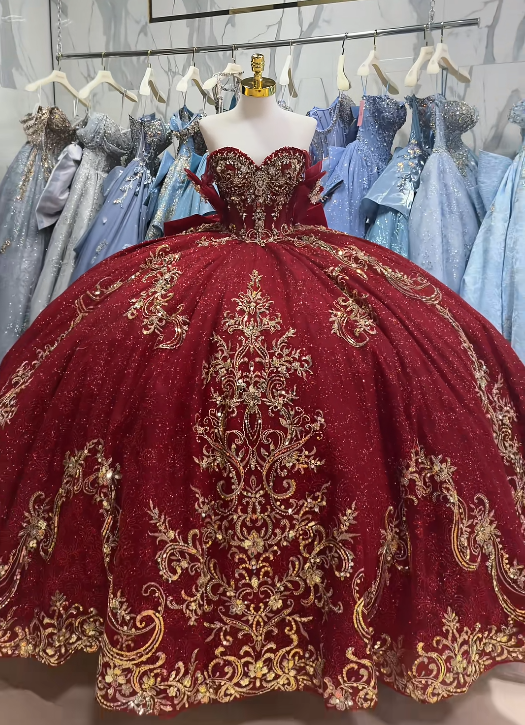 Magnifique robe de bal en tulle à appliqués, robe de quinceañera bordeaux longue, robe de 16 ans élégante ED12222