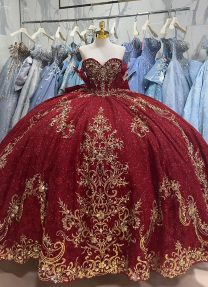 Magnifique robe de bal en tulle à appliqués, robe de quinceañera bordeaux longue, robe de 16 ans élégante ED12222