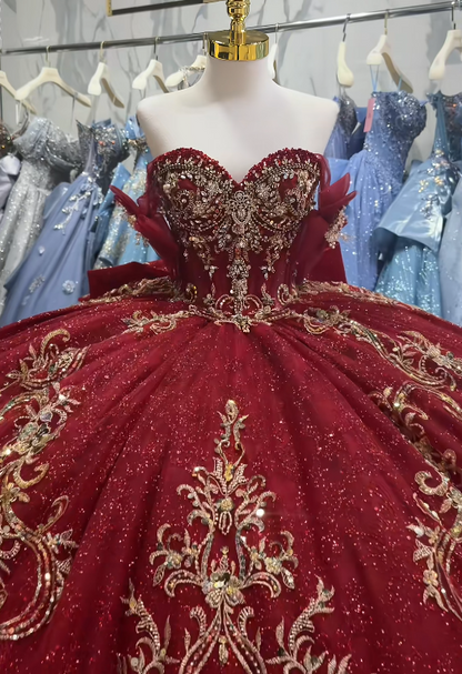 Magnifique robe de bal en tulle à appliqués, robe de quinceañera bordeaux longue, robe de 16 ans élégante ED12222