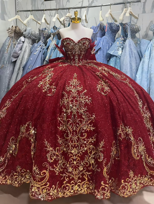 Magnifique robe de bal en tulle à appliqués, robe de quinceañera bordeaux longue, robe de 16 ans élégante ED12222