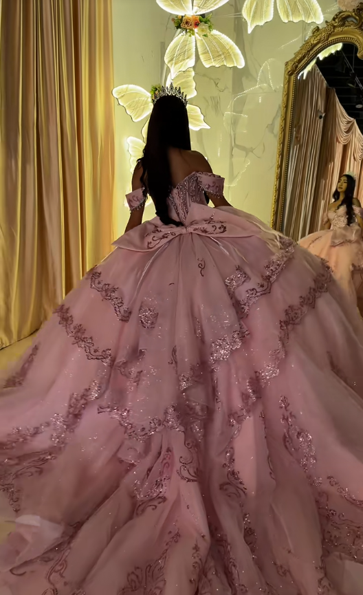 Gorgeous Ball Gown Tulle Appliques Quinceanera Dress Pink Long Sweet 16 Dress ED12224