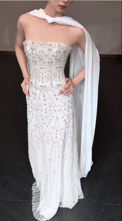 Elegant Sheath Chiffon Beaded Long Wedding Dress White Bridal Gown ED12227