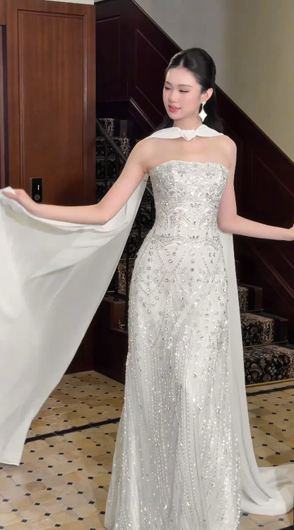 Elegant Sheath Chiffon Beaded Long Wedding Dress White Bridal Gown ED12227