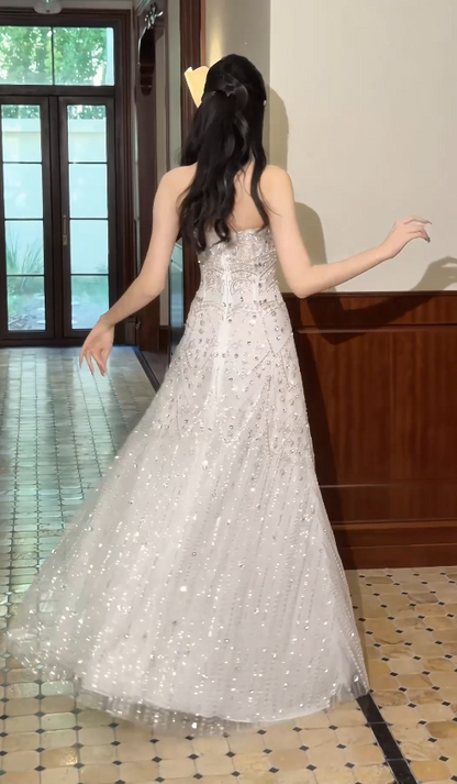 Elegant Sheath Chiffon Beaded Long Wedding Dress White Bridal Gown ED12227
