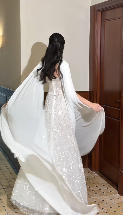 Elegant Sheath Chiffon Beaded Long Wedding Dress White Bridal Gown ED12227